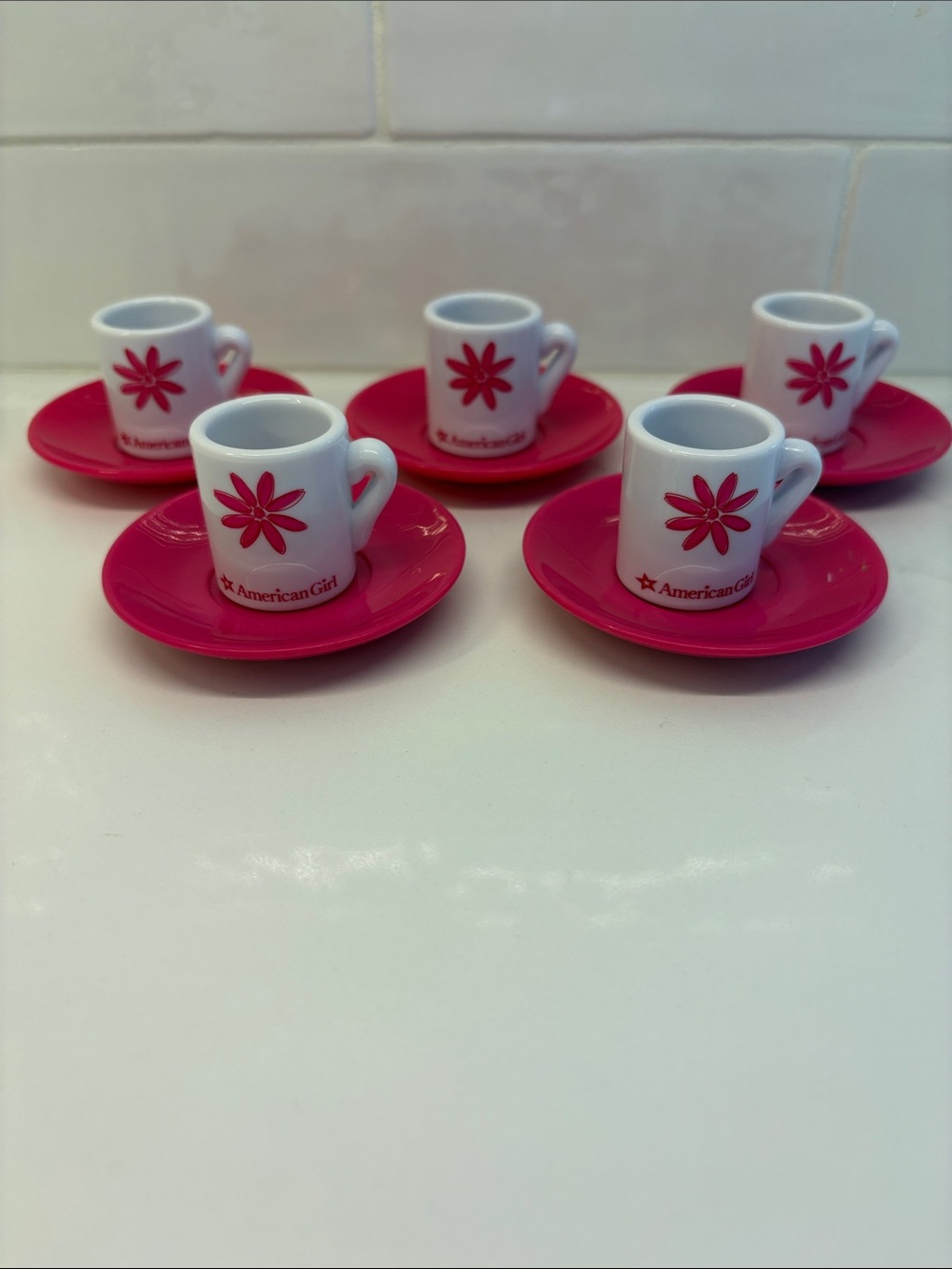 American Girl Doll Cafe Bistro Pink Flower Coffee Cup & saucer Sets (5)